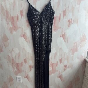 Black Sequin Asymmetrical Gown with Spaghetti Straps